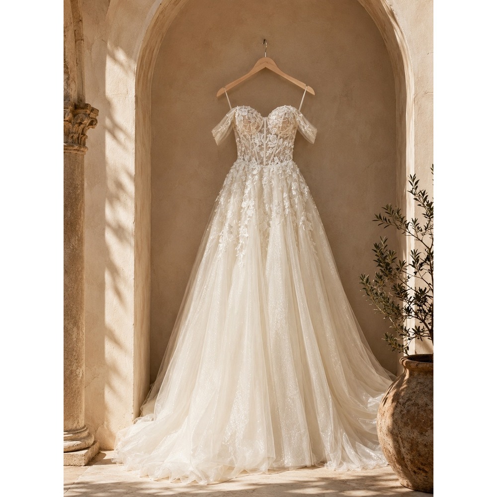 Pronovias Off Shoulder Wander Lace A-Line Wedding Dress Tulle Bridal Gown Sz 10